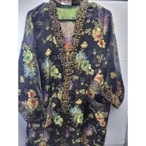 Vintage Oriental SF China Reversible Kimono Robe Black‎ Floral Brocade Duster